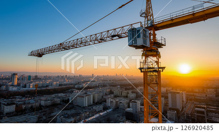 Tower crane lifts materials at sunset in cityscape 126920485