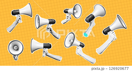 Collage of Megaphones on Orange Grid Background 126920677