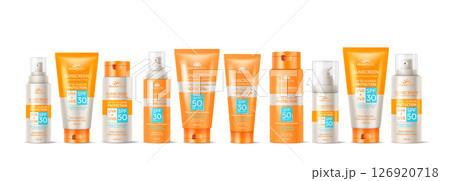 Assorted Sunscreen Bottles Collection on White Background 126920718