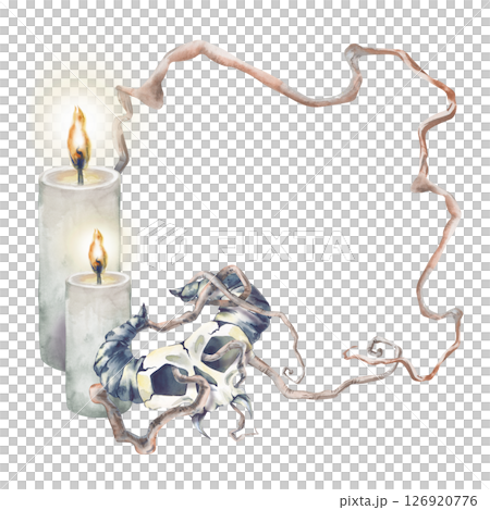 A square frame made of dry intertwined tree branches, burning candles and a fantasy skull with horns. The watercolor illustration is isolated. For decorating scary fairy tales or Halloween. A square frame made of dry intertwined tree branches, burning candles and a fantasy skull with horns. The watercolor illustration is isolated. For decorating scary fairy tales or Halloween. 126920776