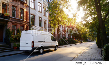 Modern white cargo van parked on a residential street during golden hour 126920796