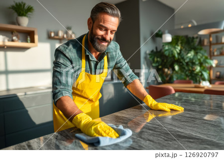 Mature man cleaning countertop with gloves and apron in home kitchen 126920797