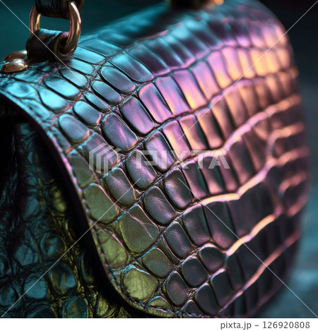 Your It Bag with glossy crocodile pattern, reflecting rainbow tones and luxury streetwear vibes 126920808