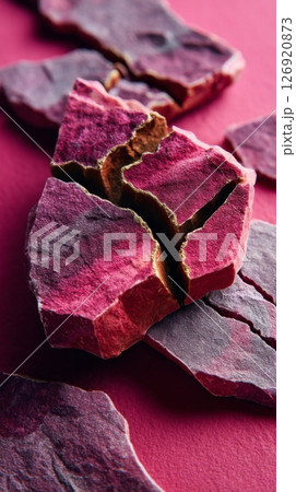 Rosso Levanto stone fragments with cracks and layered texture on red surface 126920873