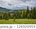 Picturesque mountain landscape. Mountain slopes with meadows, forests and cloudy sky.  126920959