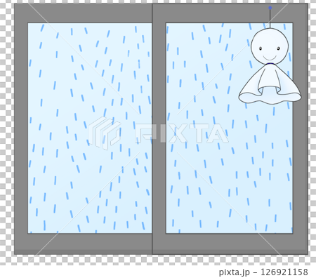 Illustration of rain through a window and a Teru Teru Bouzu 126921158