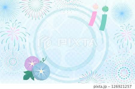 水や花火・朝顔・風鈴など涼しい夏の和風フレーム素材_夏祭りやお中元などの背景に 126921257