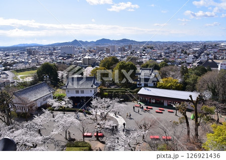 日本の愛知県の犬山市 春の犬山城と満開の桜 国宝の天守閣の最上階から見た展望 周辺の街並みや自然 日本の愛知県の犬山市 春の犬山城と満開の桜 国宝の天守閣の最上階から見た展望 周辺の街並みや自然 126921436