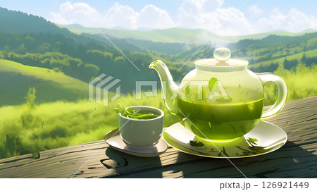 淹れた緑茶と背景に見える茶畑 126921449