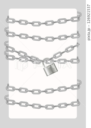 Padlock and chain. Gray metal chain and padlock, handcuffed card, vector 126921537