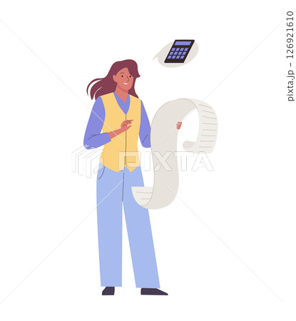 Woman hold long paper document and count with calculator. Concept of shopping list, bill to pay, long bill of invoice, financial literacy, accounting 126921610
