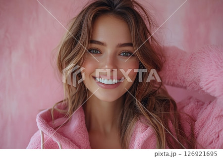 Modern girl blogger in fashion clothes with recording equipment 126921695