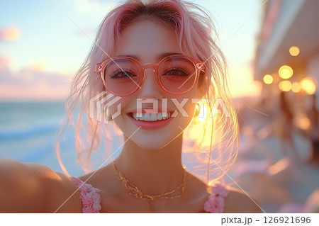 Modern girl blogger in fashion clothes with recording equipment 126921696