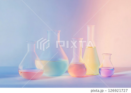 Laboratory glassware with liquid on pastel color background 126921727