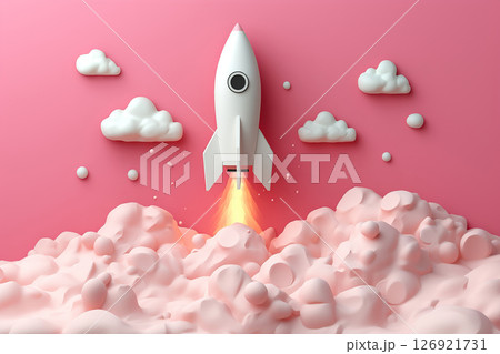 Launch of a white rocket on pink background, white smoke and clouds 126921731
