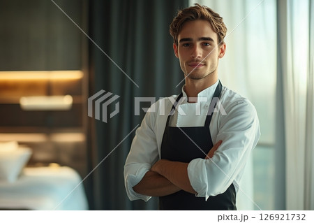 Portrait of smiling housekeeper in black apron in hotel room 126921732