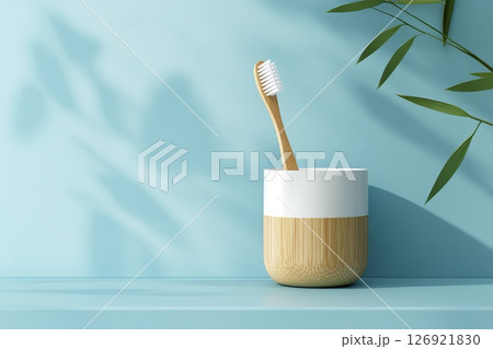 Bamboo toothbrushes in holder on pastel green background 126921830