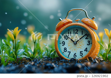 Alarm clock with flowers, concept of spring time change 126921902
