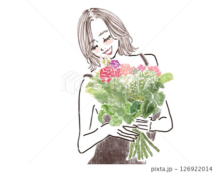 花束を笑顔で持つボブヘアの女性 126922014