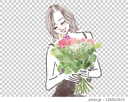 一位留著波波頭、手捧鮮花、面帶微笑的女士 126922014