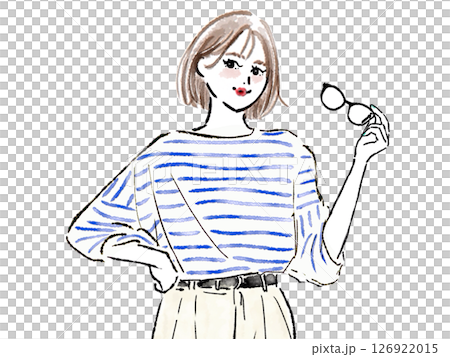 A woman with a bob haircut and borders who is taking off her glasses 126922015