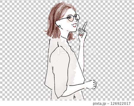 人差し指で指し示すめがねの女性 126922017