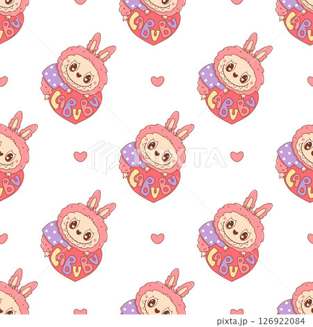 Seamless pattern with Cute Monster Toy Labubu with Heart on white background. Romantic Cartoon Funny kawaii fantasy valentine character. Vector illustration 126922084