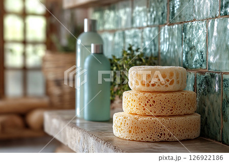 Natural loofah sponges with cleaning agent on light ceramic tiles background. Mockup for bathroom cleaning products. Eco-friendly trends. 126922186