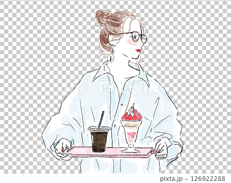 パフェをアイスコーヒーを運ぶメガネのお団子女性 パフェをアイスコーヒーを運ぶメガネのお団子女性 126922288