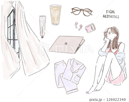 女性　夏　家　セット　PC　パジャマ　窓　カーテン 126922349