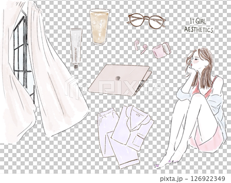 女性　夏　家　セット　PC　パジャマ　窓　カーテン 126922349