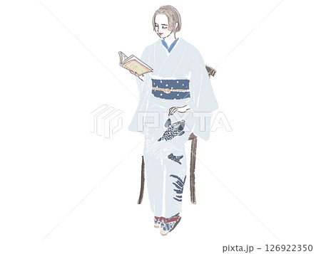 椅子に座って本を読む着物の女性 椅子に座って本を読む着物の女性 126922350