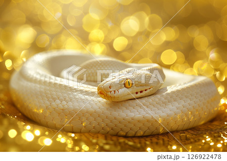 Albinos banana eastern kingsnake or common kingsnake in front of golden background 126922478