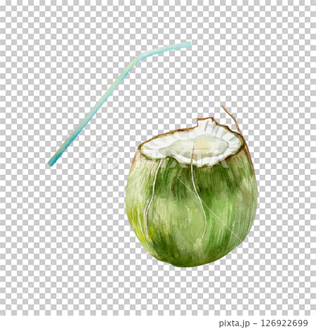 Coconut drink in green fruit with straw. Hand drawn watercolor illustration isolated on white. For postcards, invitations, tropical summer banners, menu, labels. Coconut drink in green fruit with straw. Hand drawn watercolor illustration isolated on white. For postcards, invitations, tropical summer banners, menu, labels. 126922699
