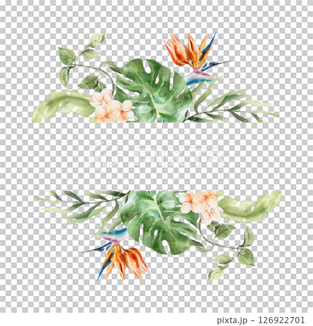 Tropical leaves frame with space for text. Plants strelitzia, monstera, palm, plumeria. Hand drawn watercolor illustration isolated. Postcards, invitations, summer banners, covers, labels. Tropical leaves frame with space for text. Plants strelitzia, monstera, palm, plumeria. Hand drawn watercolor illustration isolated. Postcards, invitations, summer banners, covers, labels. 126922701