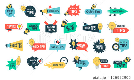 Quick tips. Promo banners in flat style quick tips info buttons design set recent vector template Quick tips. Promo banners in flat style quick tips info buttons design set recent vector template 126922906