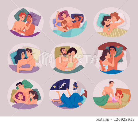 Lovers. Intimate relationship in bed sexual and romantic hugs of male and female couples exact vector 126922915