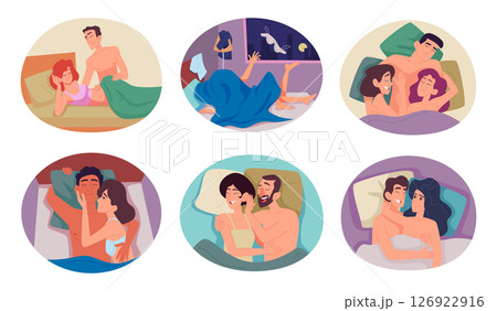 Lovers in bed. Relationship in bed loving couples male and female sleeping together exact vector concept illustrations Lovers in bed. Relationship in bed loving couples male and female sleeping together exact vector concept illustrations 126922916