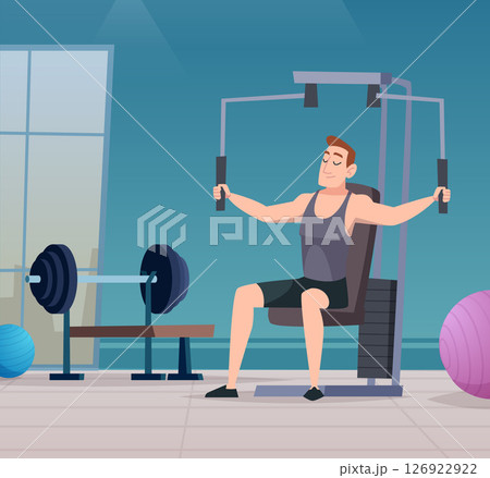 Gym. Man does exercises on his pectoral muscles and using sports simulator 126922922
