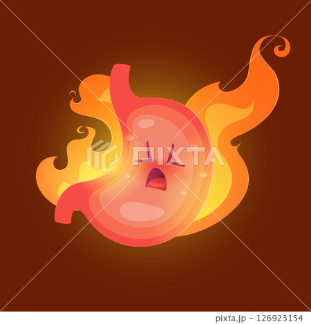 A cartoon stomach character with a fire character on it is used to show the symptom of acid reflux. 126923154