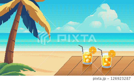 Two summer cocktails with orange slices on a beach table. Pixel art tropical seaside landscape with palm tree and ocean view under blue sky with clouds. 126923287