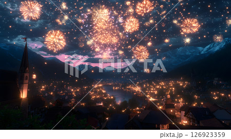 ライトアップされた夜景の街並みと夜空に打ちあがる花火 126923359