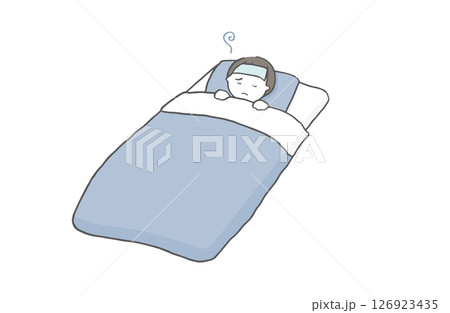 体調不良で寝込んでいる男の子のイラスト 体調不良で寝込んでいる男の子のイラスト 126923435