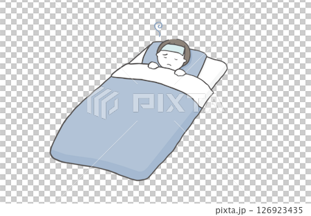 体調不良で寝込んでいる男の子のイラスト 体調不良で寝込んでいる男の子のイラスト 126923435