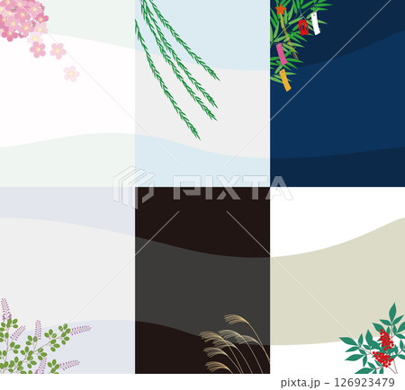 春の桜、夏の柳と七夕飾り、秋のススキと萩の花、正月の南天。日本風の四季背景素材。 126923479
