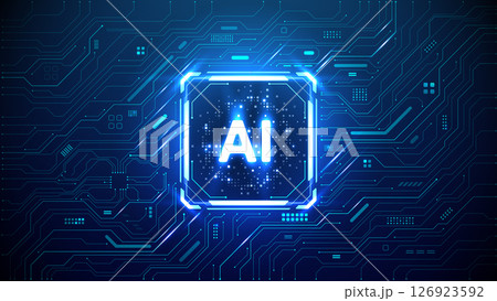 Digital AI chip. Square light neon HUD frame on circuit board  126923592