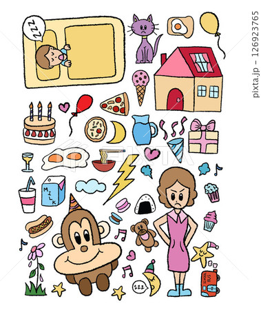 Kid draw style vector illustration of house, angry mum, sleeping kid, ice cream, birthday cake, pizza, fried egg, hotdog, noodle, milk box, monkey, gift box, moon, cat, balloon, teddy bear, flowers Kid draw style vector illustration of house, angry mum, sleeping kid, ice cream, birthday cake, pizza, fried egg, hotdog, noodle, milk box, monkey, gift box, moon, cat, balloon, teddy bear, flowers 126923765