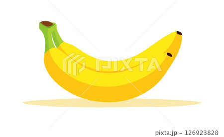 Two yellow bananas in a playful flat design, minimal shading with green stems, set on bright white background with soft shadows, fresh and fun digital illustration. 126923828