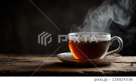 Steaming cup of black tea on rustic wooden table 126924336