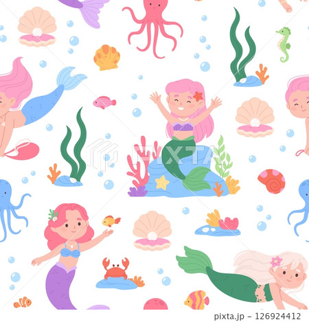 Funny mermaid seamless pattern. Girly print with magic underwater characters. Cartoon playful mermaids, funny girls with fish tails, racy vector background Funny mermaid seamless pattern. Girly print with magic underwater characters. Cartoon playful mermaids, funny girls with fish tails, racy vector background 126924412